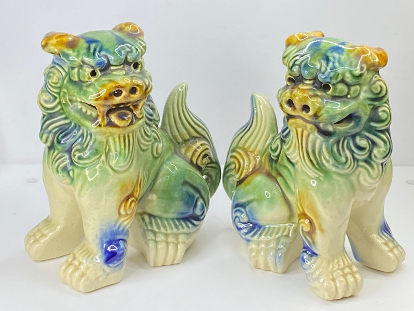 Japanese mini Glazed ceramic Okinawa Shisa Foo Amulet Dog pair 5.75"x4.75" A344