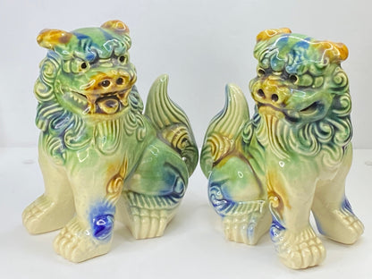 Japanese mini Glazed ceramic Okinawa Shisa Foo Amulet Dog pair 5.75"x4.75" A344