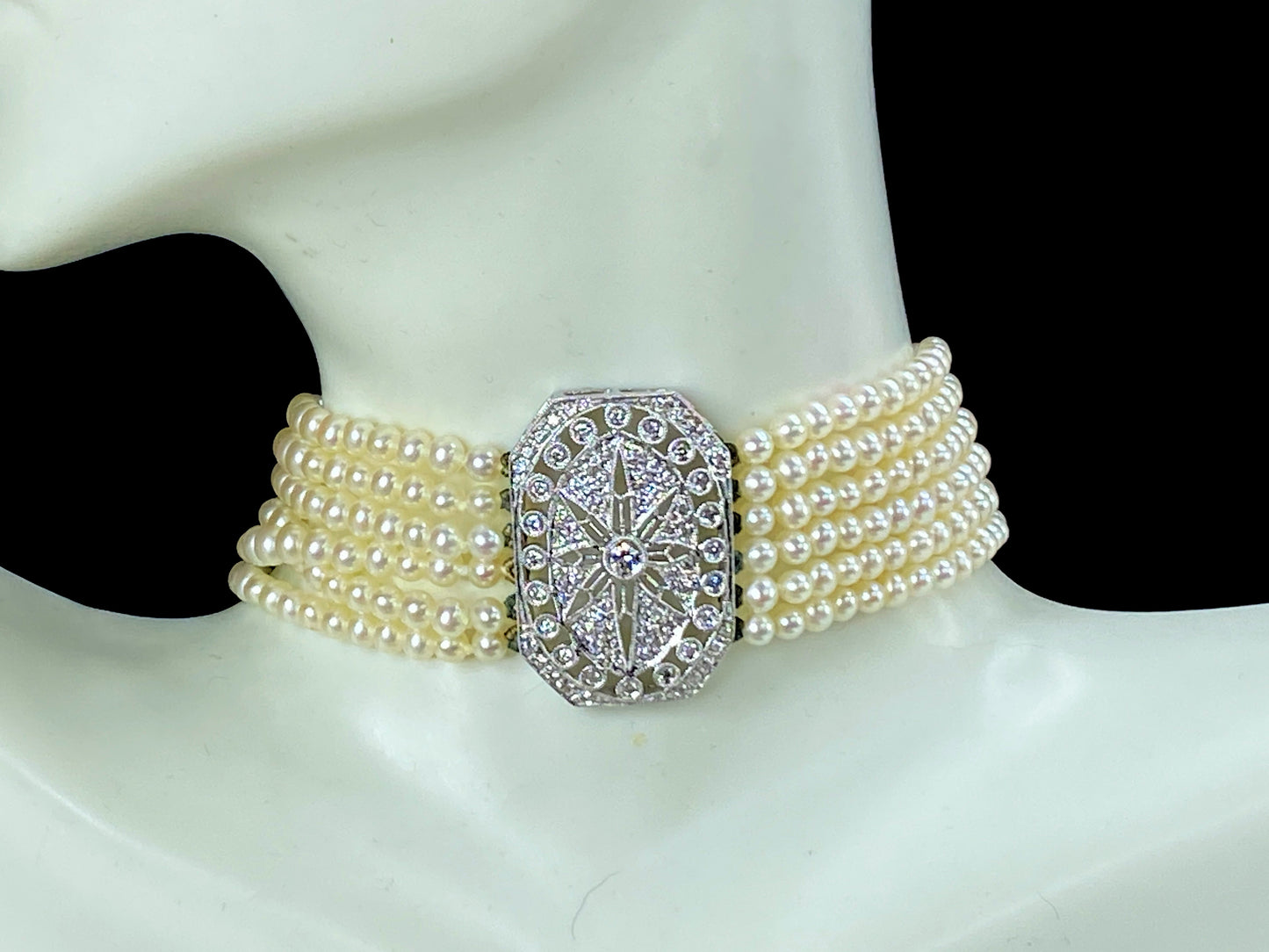 Appraised 7,995 18K 1.2ct H/Si Diamond Six strands 3.3mm Pearl choker 15" JR8279