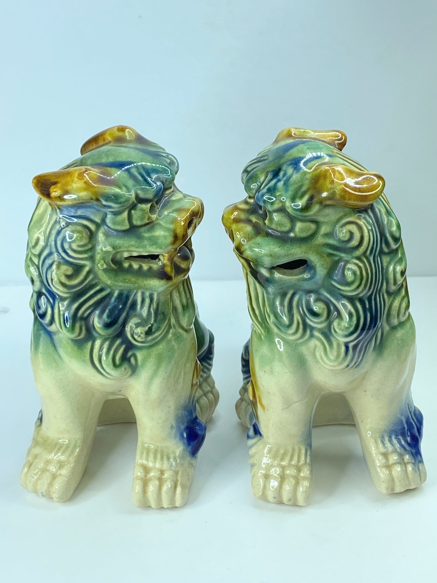 Japanese mini Glazed ceramic Okinawa Shisa Foo Amulet Dog pair 5.75"x4.75" A344
