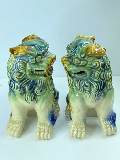 Japanese mini Glazed ceramic Okinawa Shisa Foo Amulet Dog pair 5.75"x4.75" A344