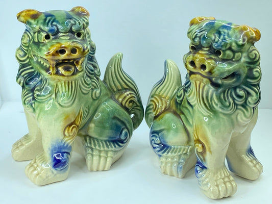 Japanese mini Glazed ceramic Okinawa Shisa Foo Amulet Dog pair 5.75"x4.75" A344