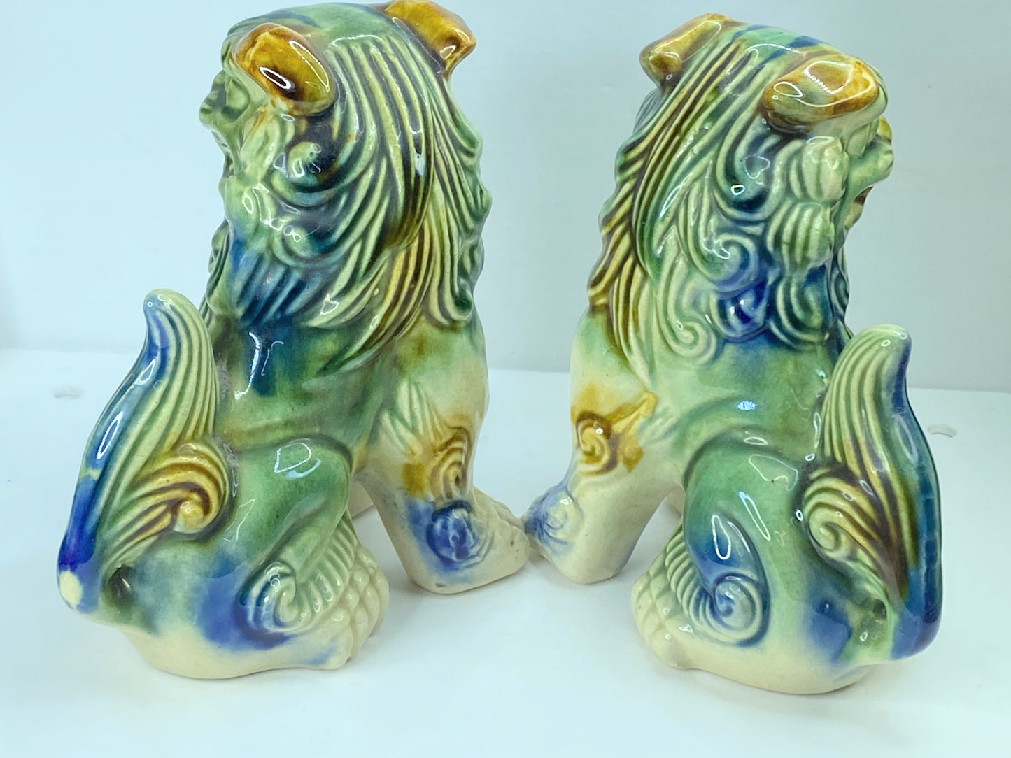 Japanese mini Glazed ceramic Okinawa Shisa Foo Amulet Dog pair 5.75"x4.75" A344