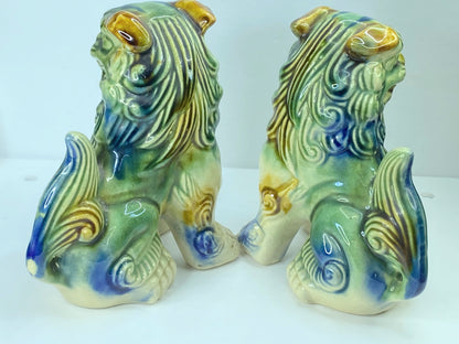 Japanese mini Glazed ceramic Okinawa Shisa Foo Amulet Dog pair 5.75"x4.75" A344