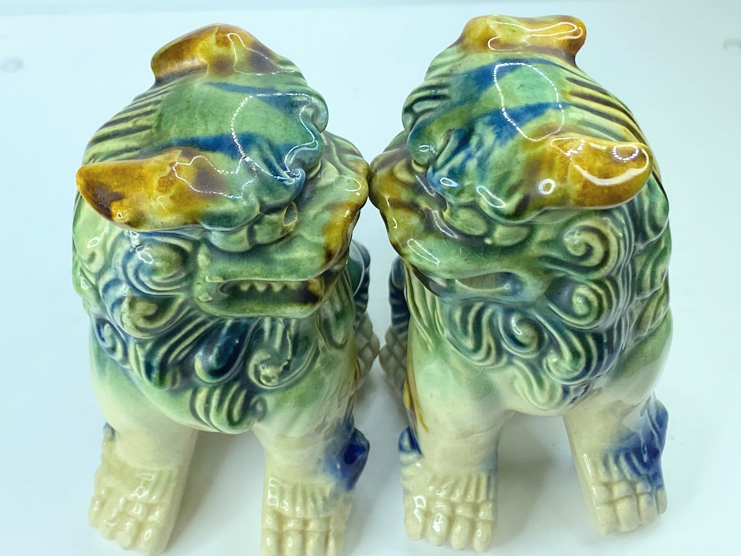 Japanese mini Glazed ceramic Okinawa Shisa Foo Amulet Dog pair 5.75"x4.75" A344