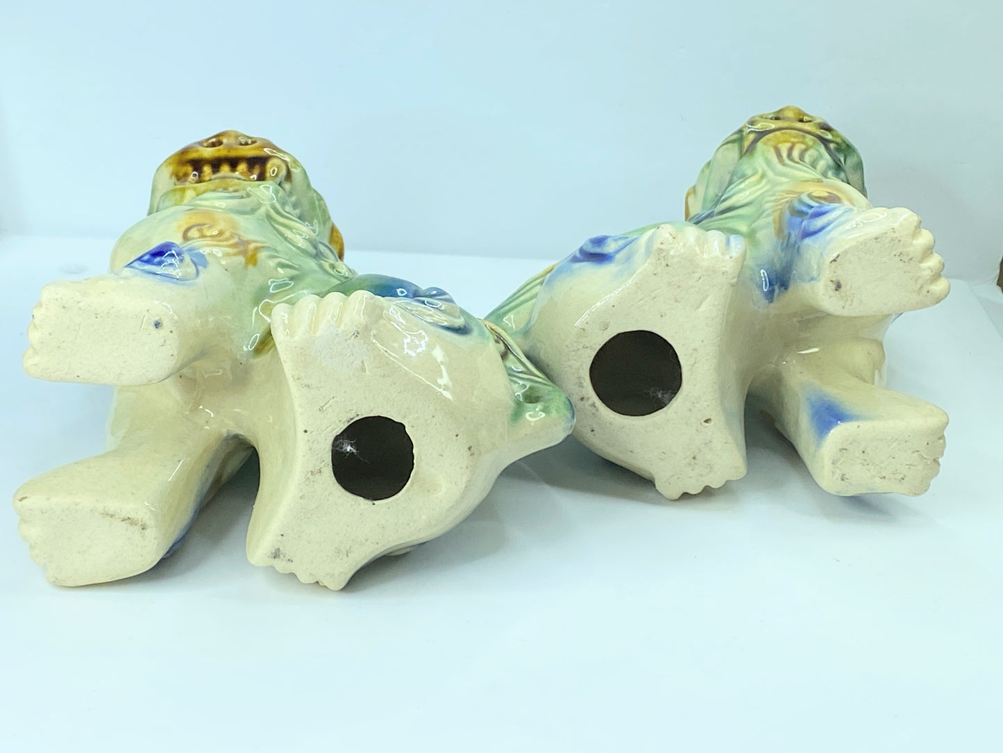 Japanese mini Glazed ceramic Okinawa Shisa Foo Amulet Dog pair 5.75"x4.75" A344