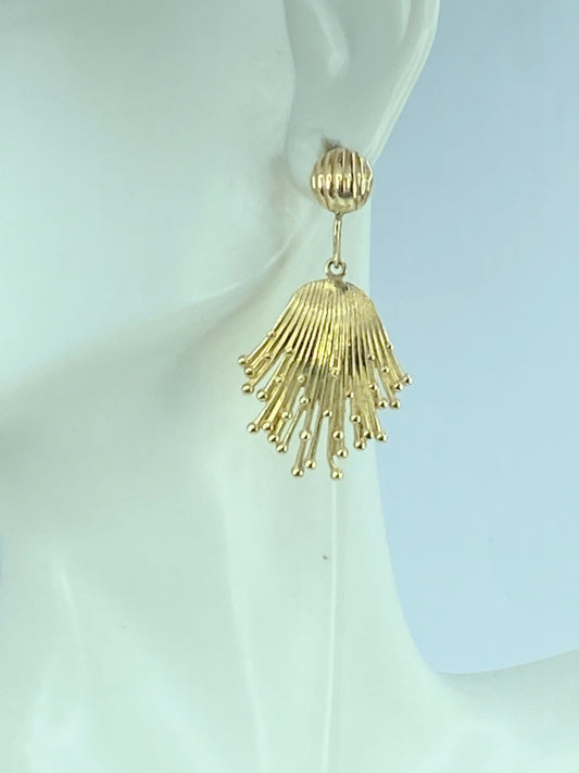 14K gold "splash milk" art dangle fringe earrings 6.5g 26.7mm JR9680