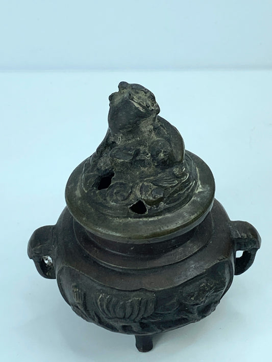 Mid-Century Chinese Mini bronze incense burner ShiShi on Cloud 3 3/8" A345