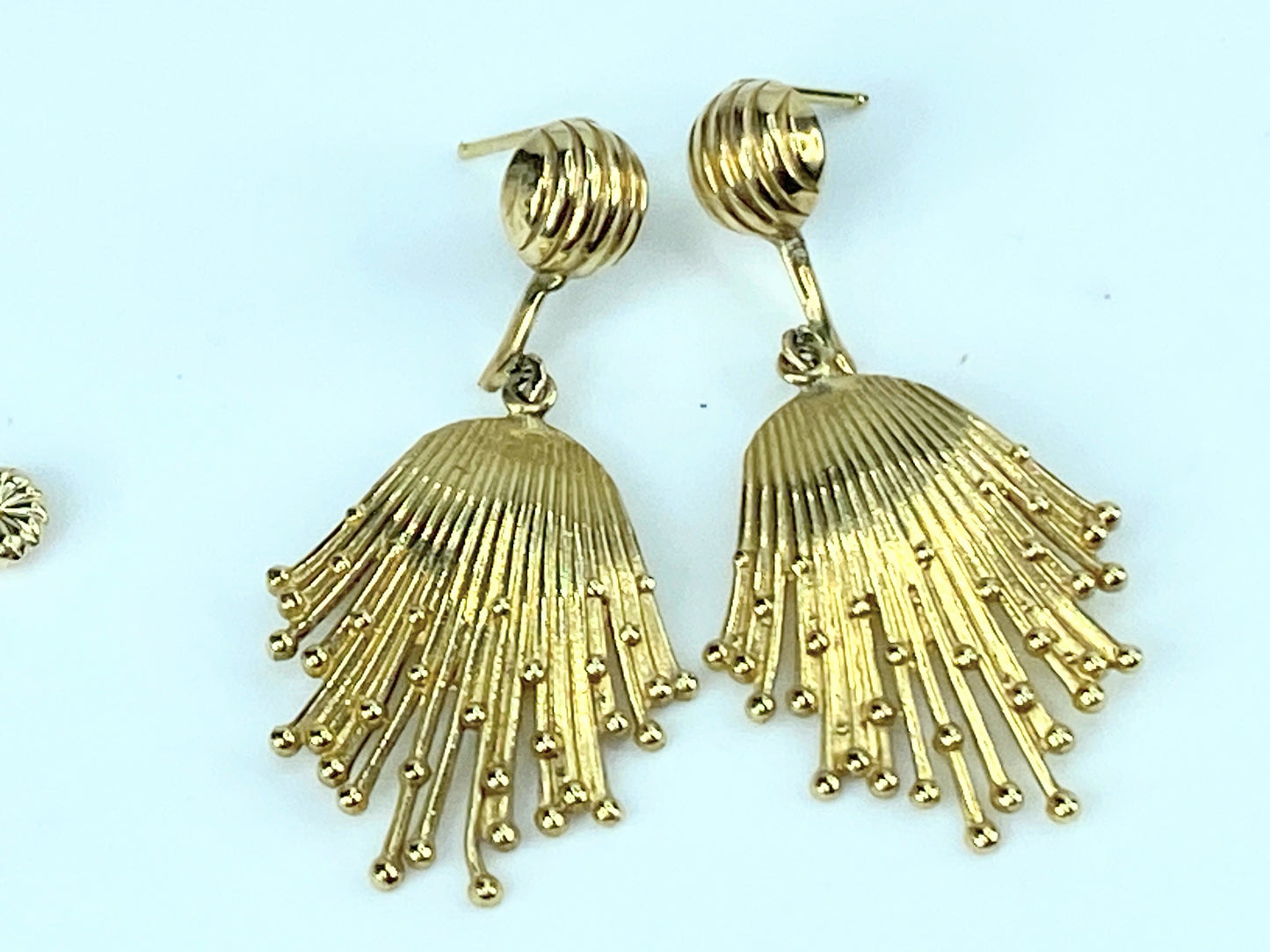 14K gold "splash milk" art dangle fringe earrings 6.5g 26.7mm JR9680