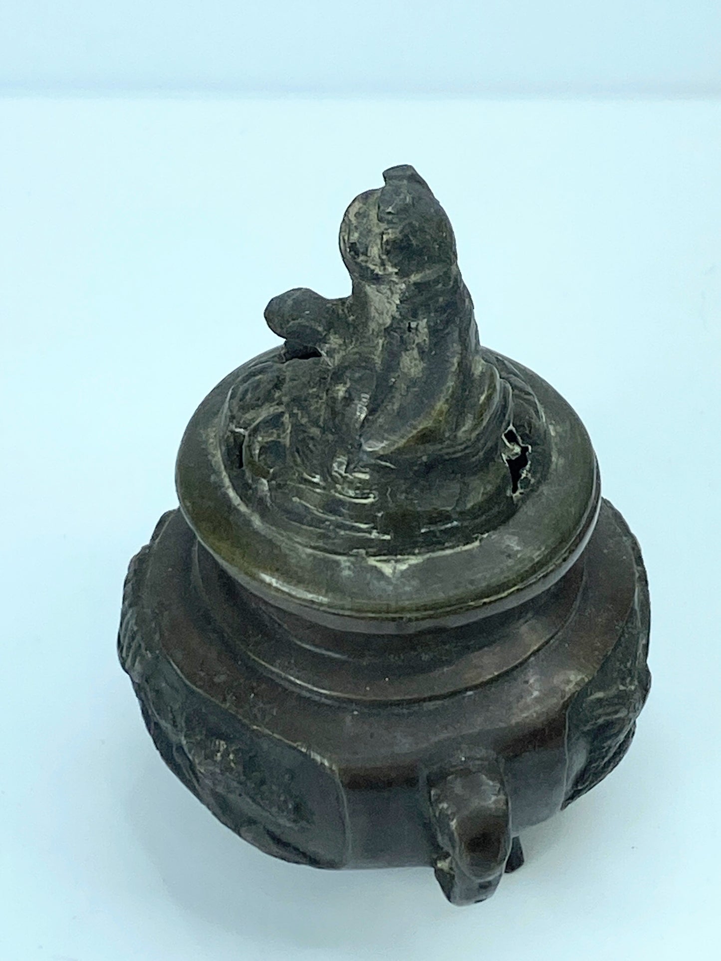 Mid-Century Chinese Mini bronze incense burner ShiShi on Cloud 3 3/8" A345