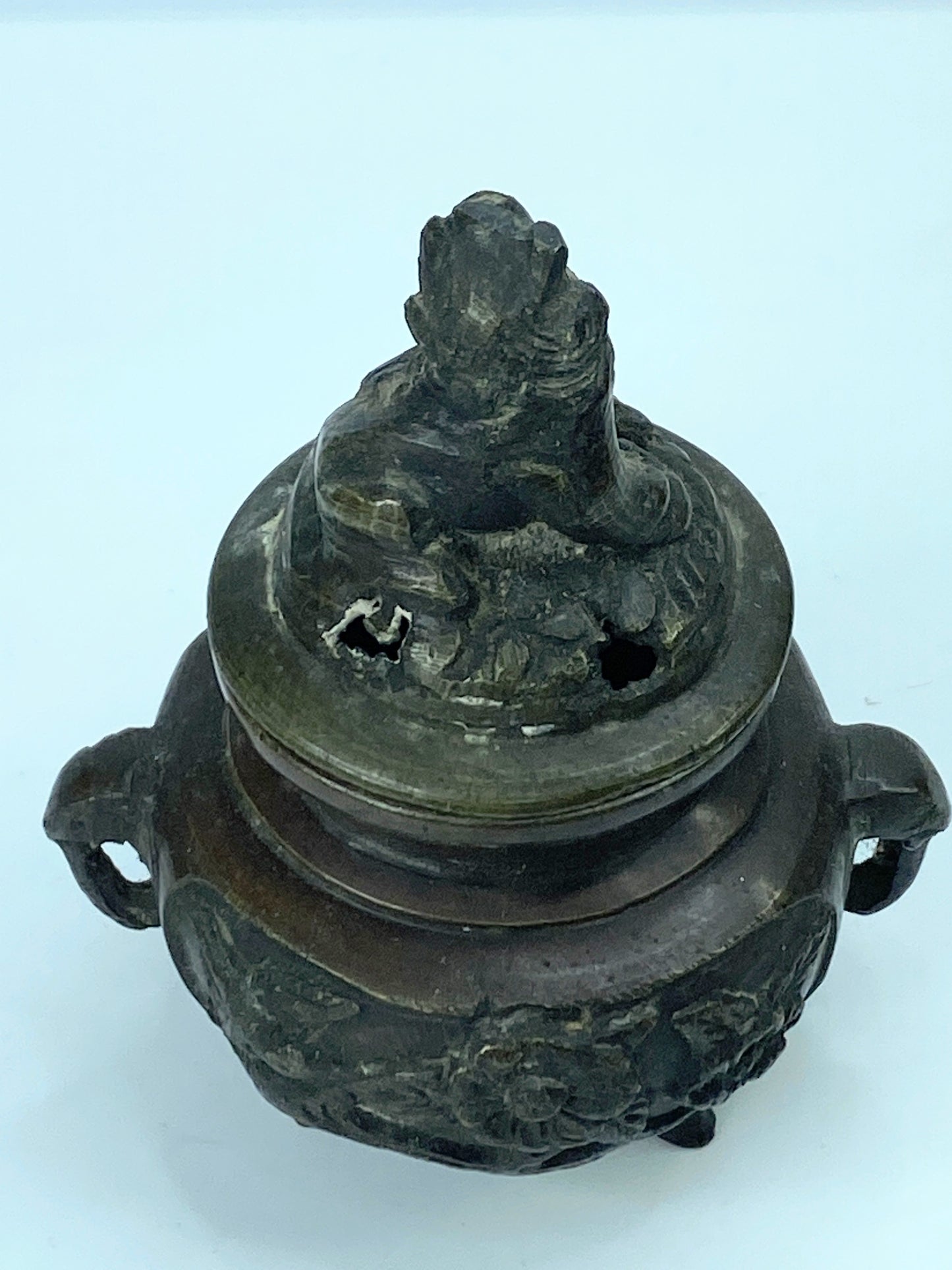 Mid-Century Chinese Mini bronze incense burner ShiShi on Cloud 3 3/8" A345