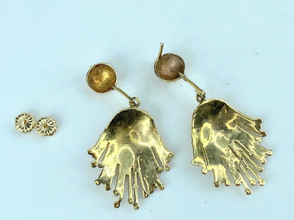 14K gold "splash milk" art dangle fringe earrings 6.5g 26.7mm JR9680