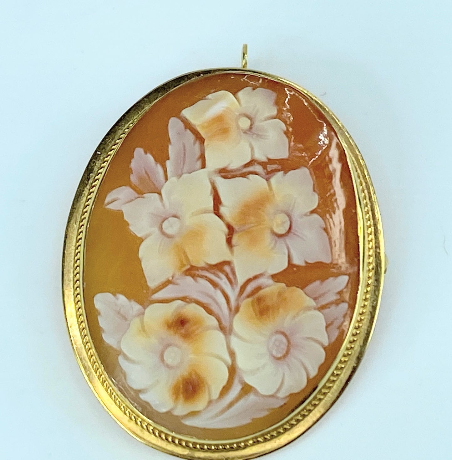 14K yellow gold Floral hand carved shell pin pendant 1.5" x 1.25" JR9681