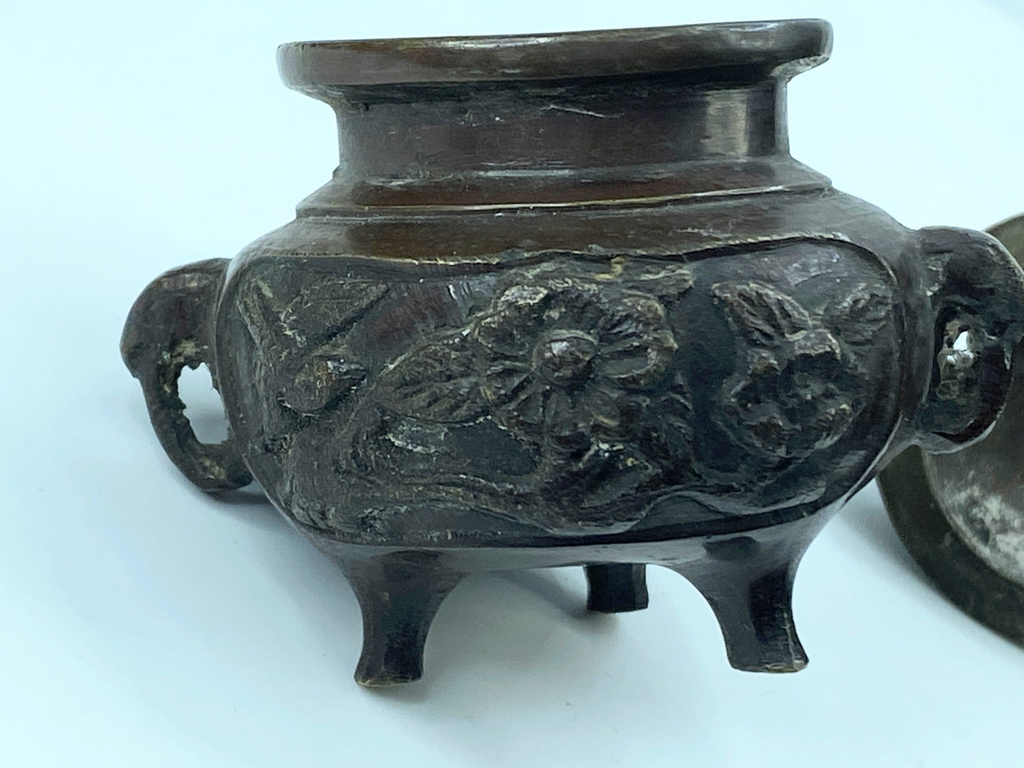 Mid-Century Chinese Mini bronze incense burner ShiShi on Cloud 3 3/8" A345