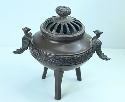 Antique Chinese 20th Cent Bronze Tripod Censer with Phoenix handles 7 1/4" A347