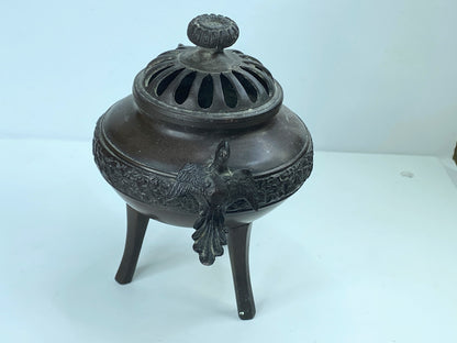 Antique Chinese 20th Cent Bronze Tripod Censer with Phoenix handles 7 1/4" A347