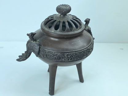 Antique Chinese 20th Cent Bronze Tripod Censer with Phoenix handles 7 1/4" A347