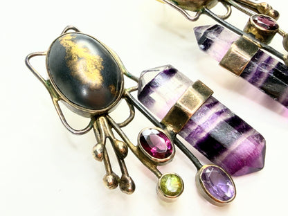 Handmade Sterling 925 Multi Gemstone Quartz Crystal Drop Earrings JR1406