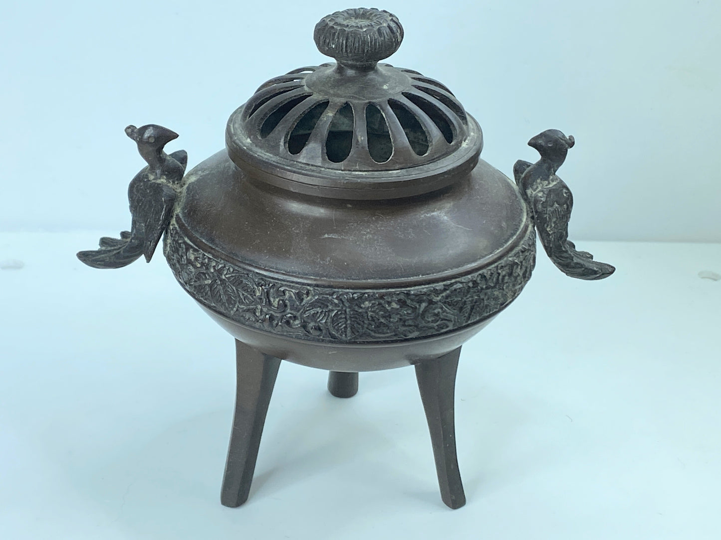 Antique Chinese 20th Cent Bronze Tripod Censer with Phoenix handles 7 1/4" A347