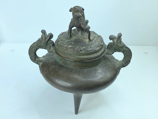 Signed Japanese Bronze Incense Burner – Tripod Censer with Shishi Lid 6" A346