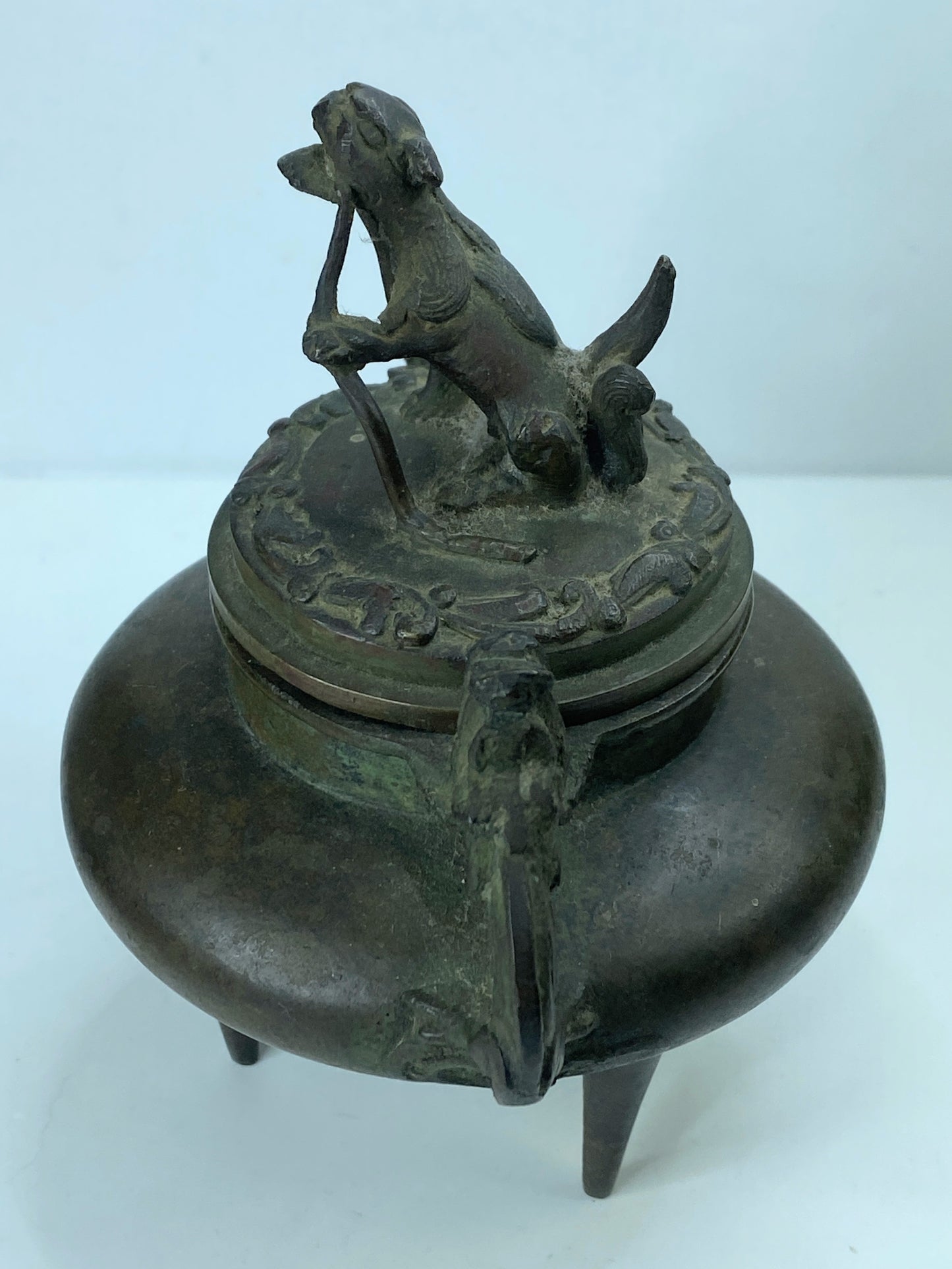 Signed Japanese Bronze Incense Burner – Tripod Censer with Shishi Lid 6" A346