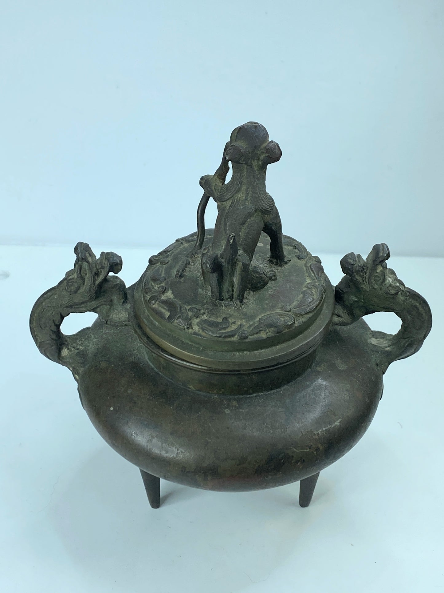 Signed Japanese Bronze Incense Burner – Tripod Censer with Shishi Lid 6" A346