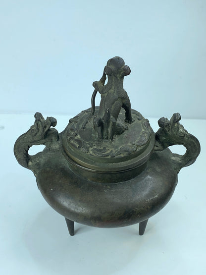 Signed Japanese Bronze Incense Burner – Tripod Censer with Shishi Lid 6" A346