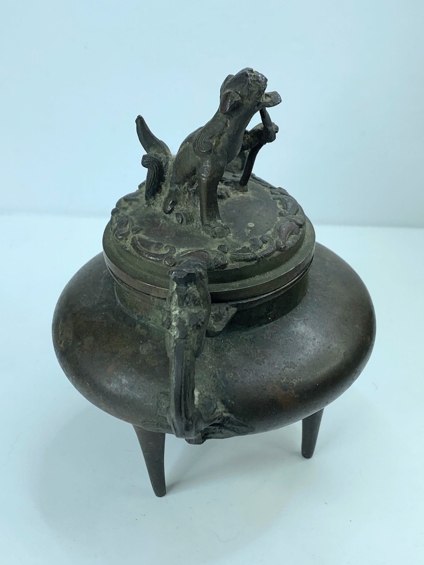 Signed Japanese Bronze Incense Burner – Tripod Censer with Shishi Lid 6" A346