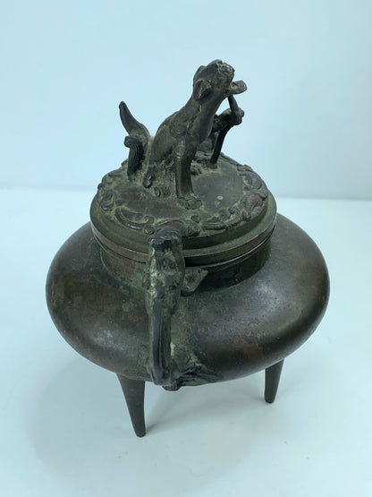 Signed Japanese Bronze Incense Burner – Tripod Censer with Shishi Lid 6" A346