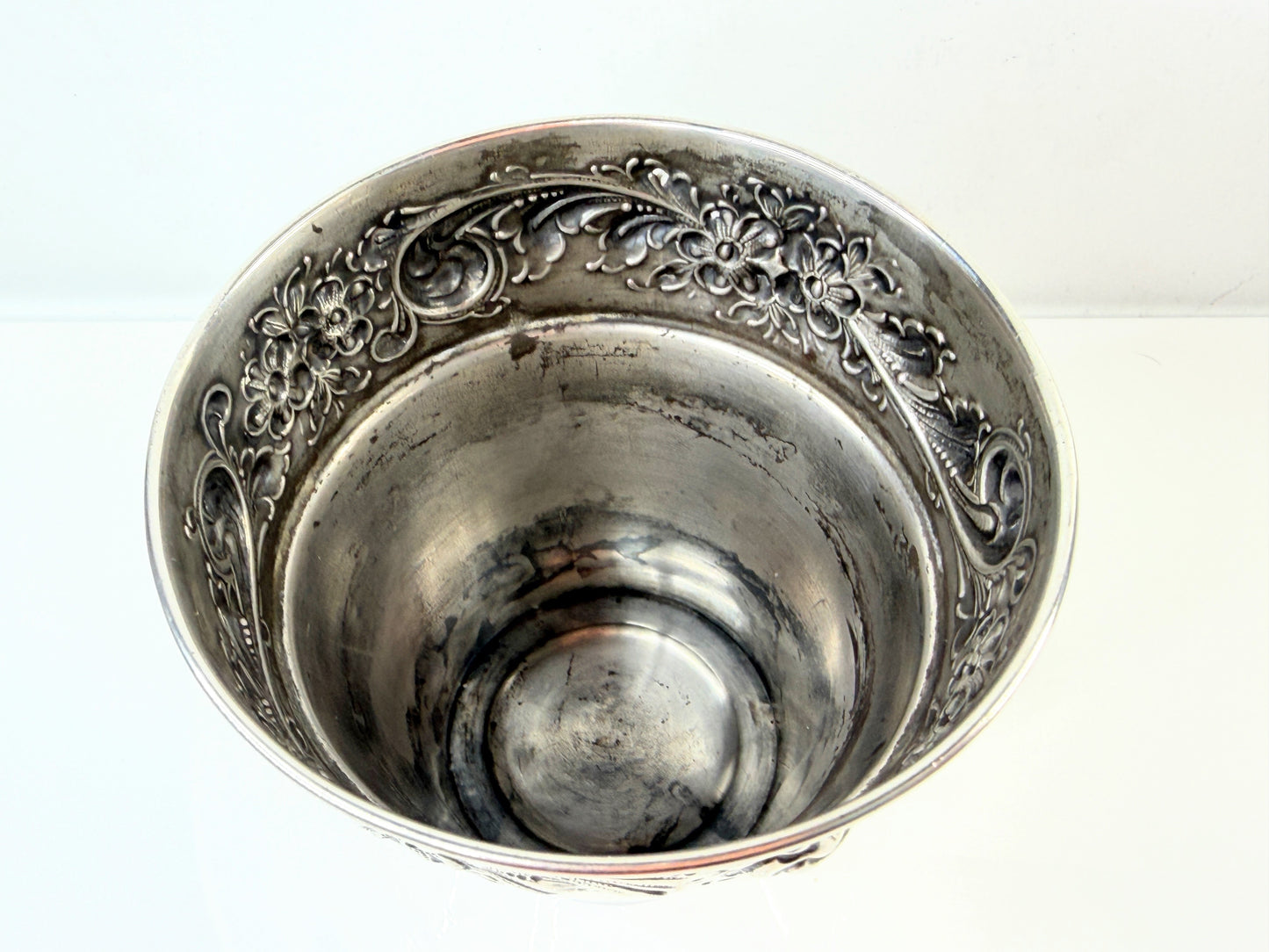 Vintage Sterling Silver Repousse Floral Cachepot Planter SS212