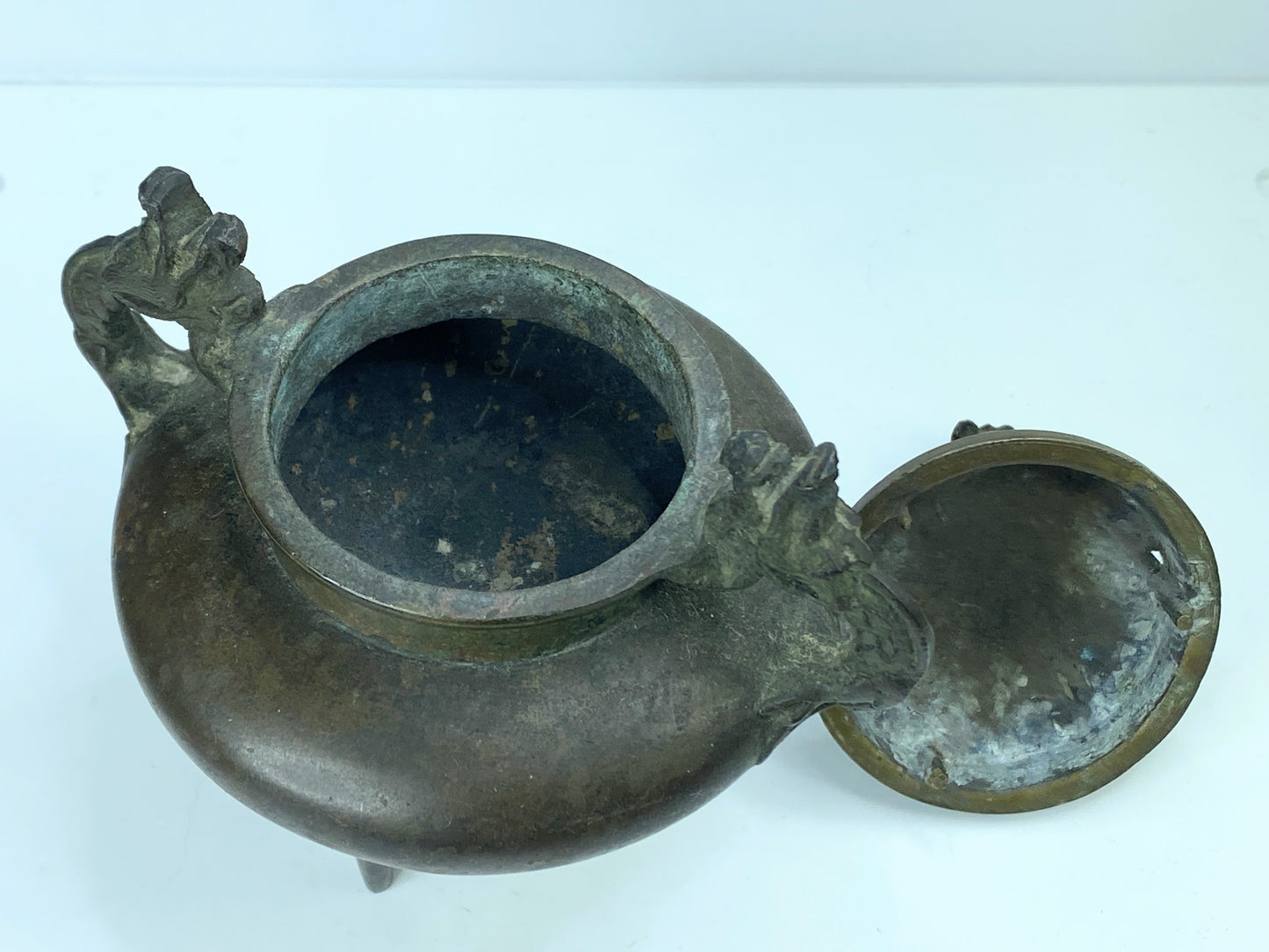 Signed Japanese Bronze Incense Burner – Tripod Censer with Shishi Lid 6" A346