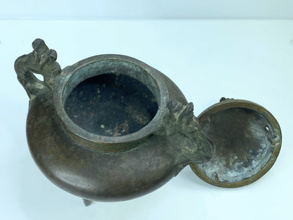 Signed Japanese Bronze Incense Burner – Tripod Censer with Shishi Lid 6" A346