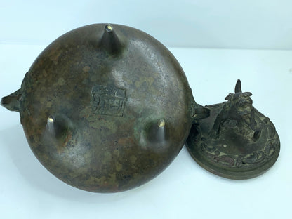 Signed Japanese Bronze Incense Burner – Tripod Censer with Shishi Lid 6" A346