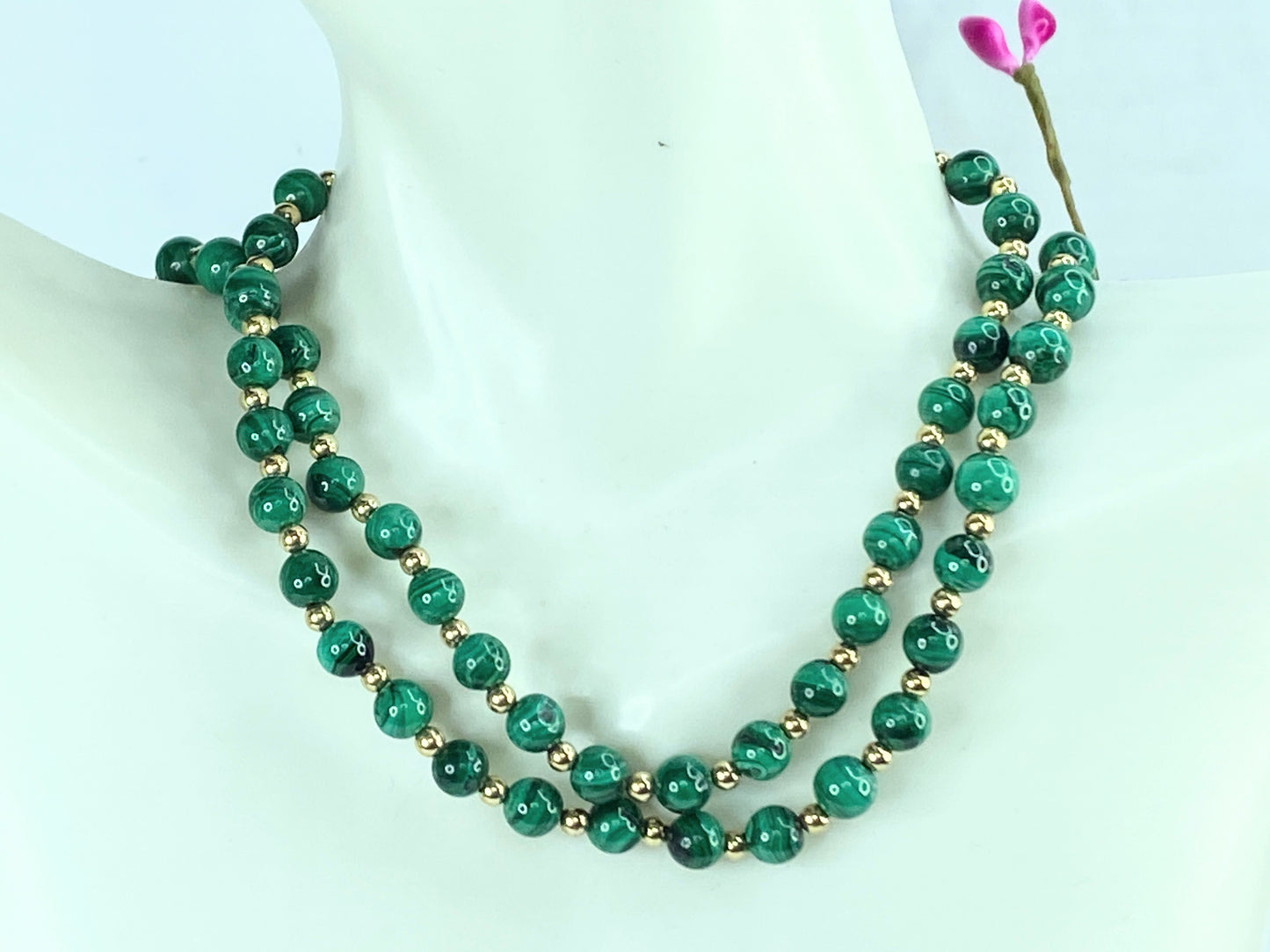 14K gold Malachite beaded necklace 3.0m 14K gold spacer necklace 19.5" JR9686