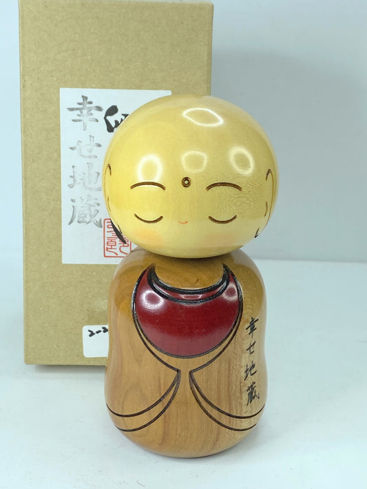 Usaburo Happy Jizo Original Kokeshi Wooden Doll 12.5 x 5.5cm Craftwork box A350