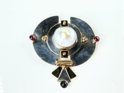 Renown Arlene Siwek Sterling 14K Mabe Pearl Ruby Amethyst Brooch Earrings JR2181