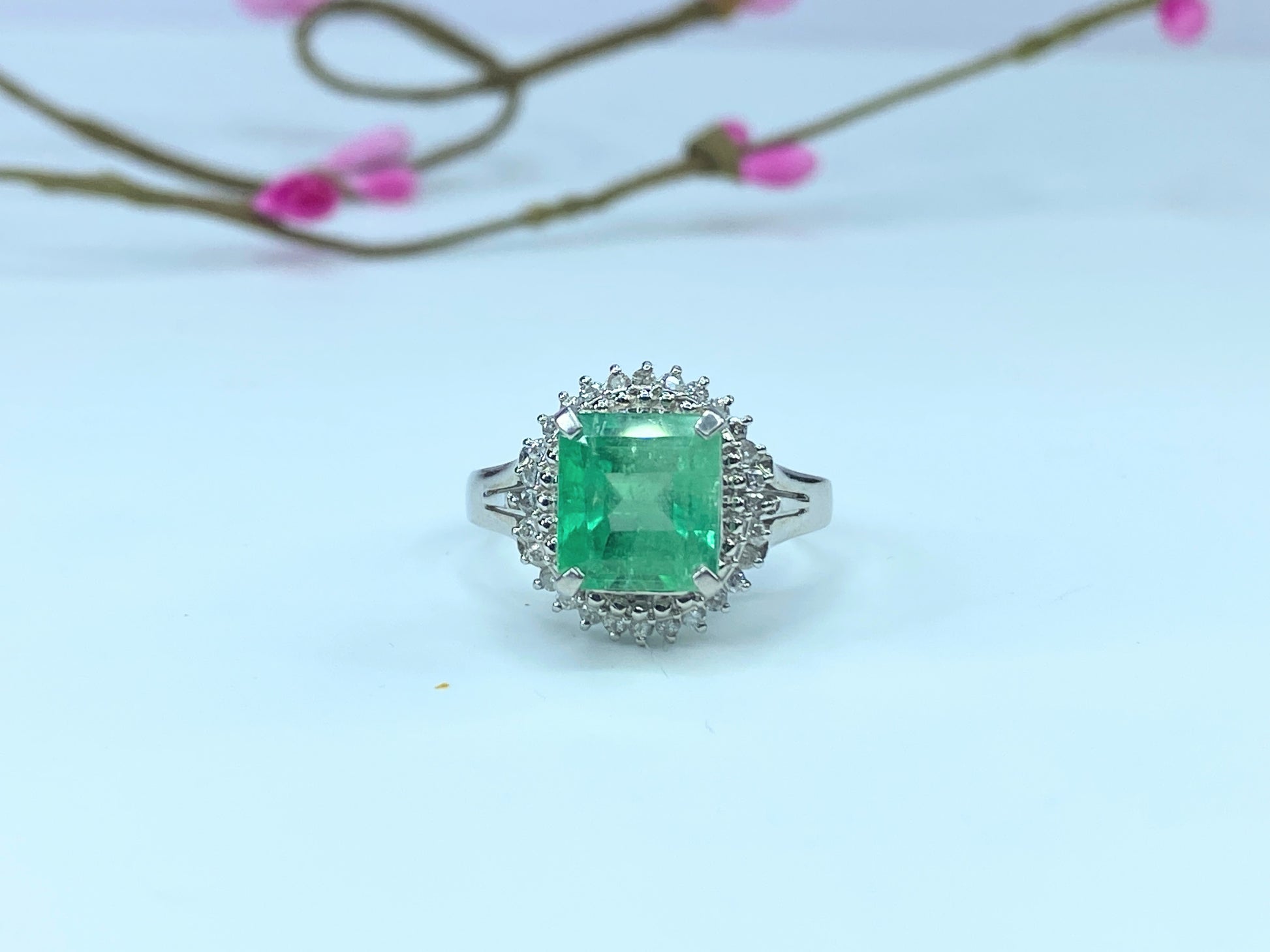 Appraised 4,395 Platinum 2.4ct Emerald 0.25ct round brilliant diamond