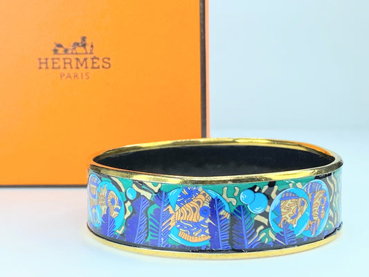 Hermès Hermes Enamel GM Bangle Gold Navy Multicolor Golden Metallic in box GS224