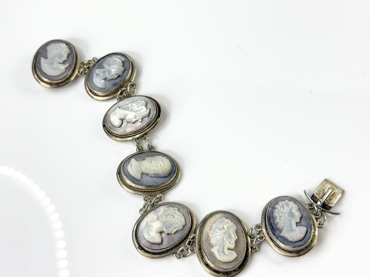 Early Century Sterling Silver Hand-Carved MOP Cameo Bracelet 7" 34.2g JR2183