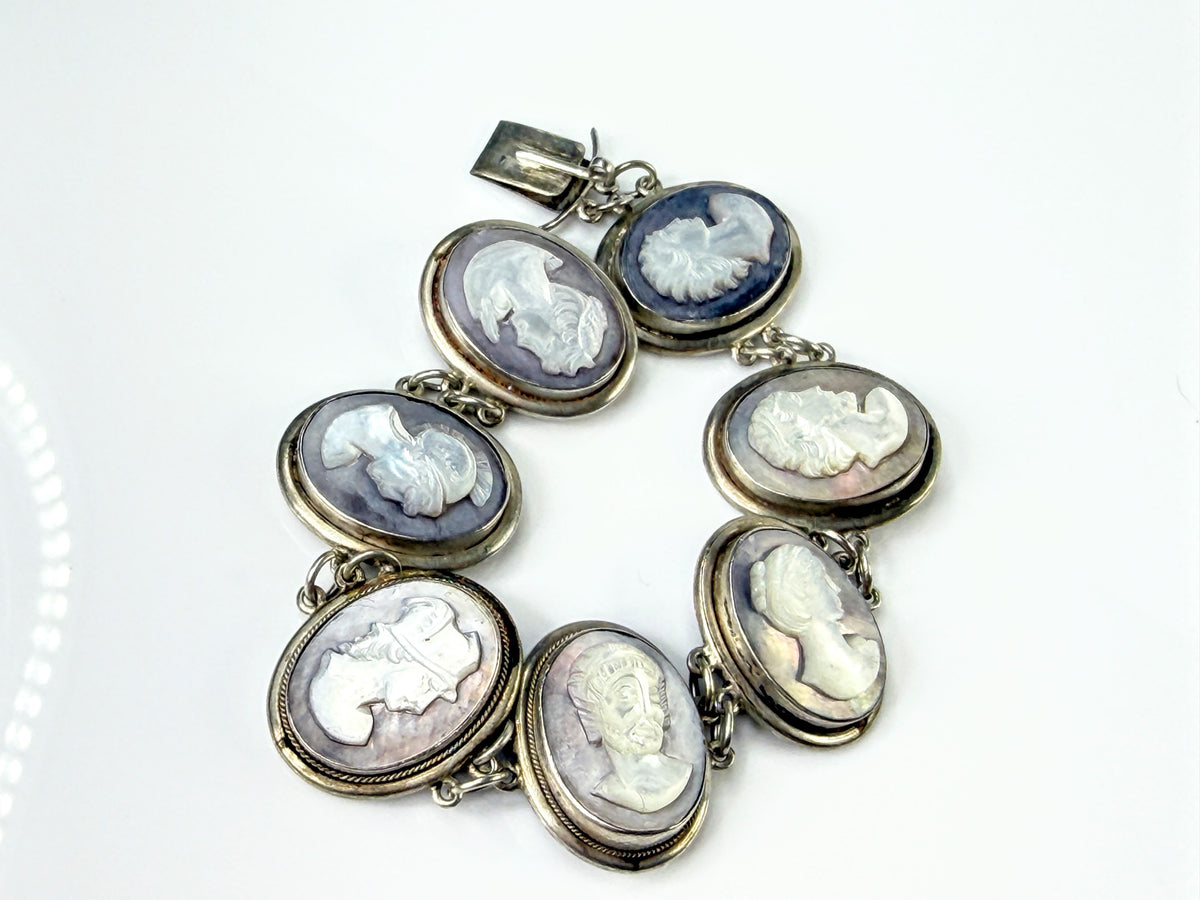 Early Century Sterling Silver Hand-Carved MOP Cameo Bracelet 7" 34.2g JR2183