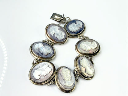 Early Century Sterling Silver Hand-Carved MOP Cameo Bracelet 7" 34.2g JR2183