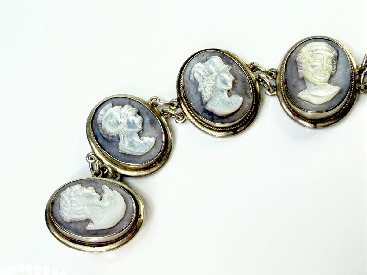 Early Century Sterling Silver Hand-Carved MOP Cameo Bracelet 7" 34.2g JR2183