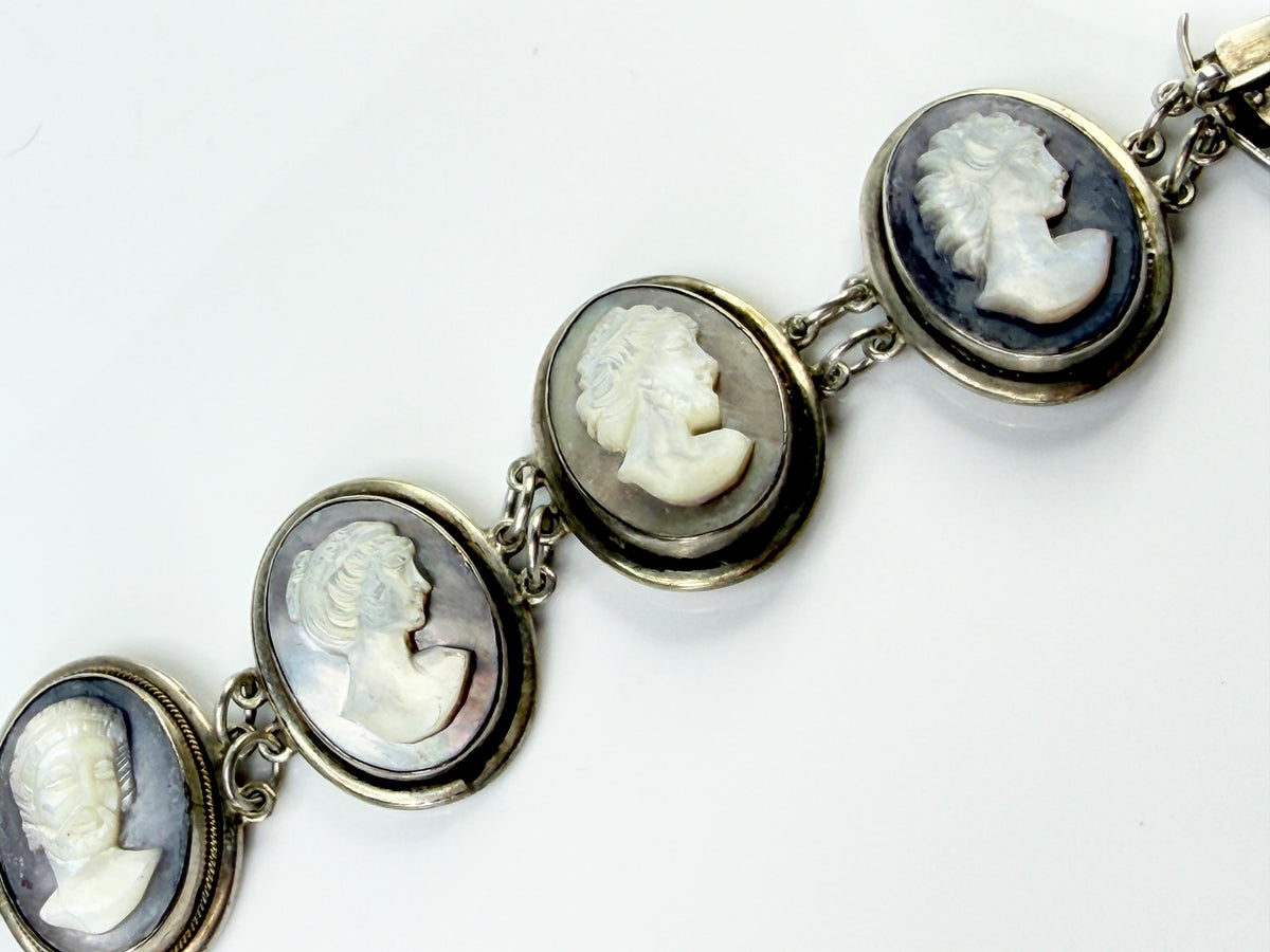 Early Century Sterling Silver Hand-Carved MOP Cameo Bracelet 7" 34.2g JR2183