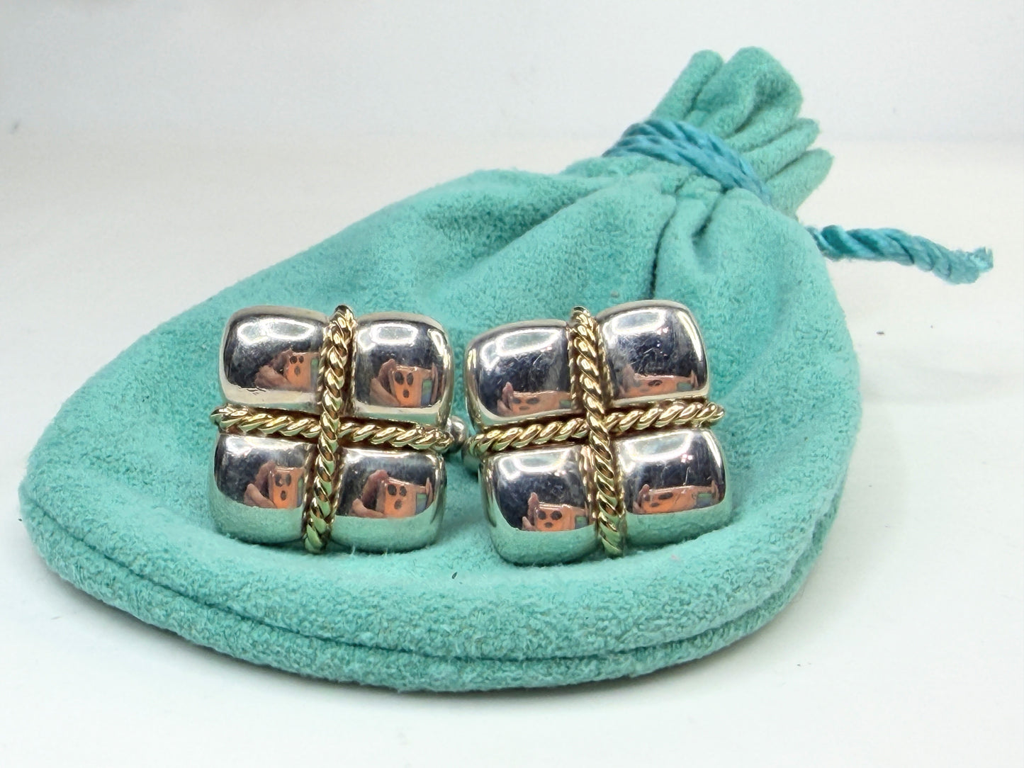 Vintage Tiffany & Co Square Cufflinks Sterling Silver 18k Yellow Gold Rope SS220