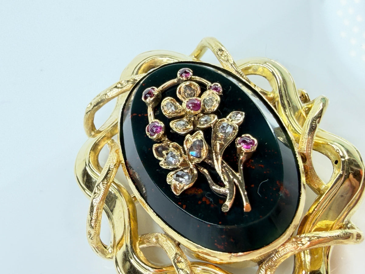 Antique 15K yellow Bloodstone Ruby Rose Cut Diamond Floral Brooch 15g 2" JR2185