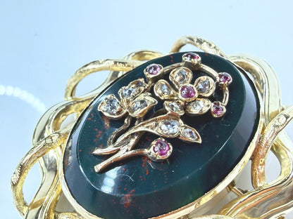 Antique 15K yellow Bloodstone Ruby Rose Cut Diamond Floral Brooch 15g 2" JR2185