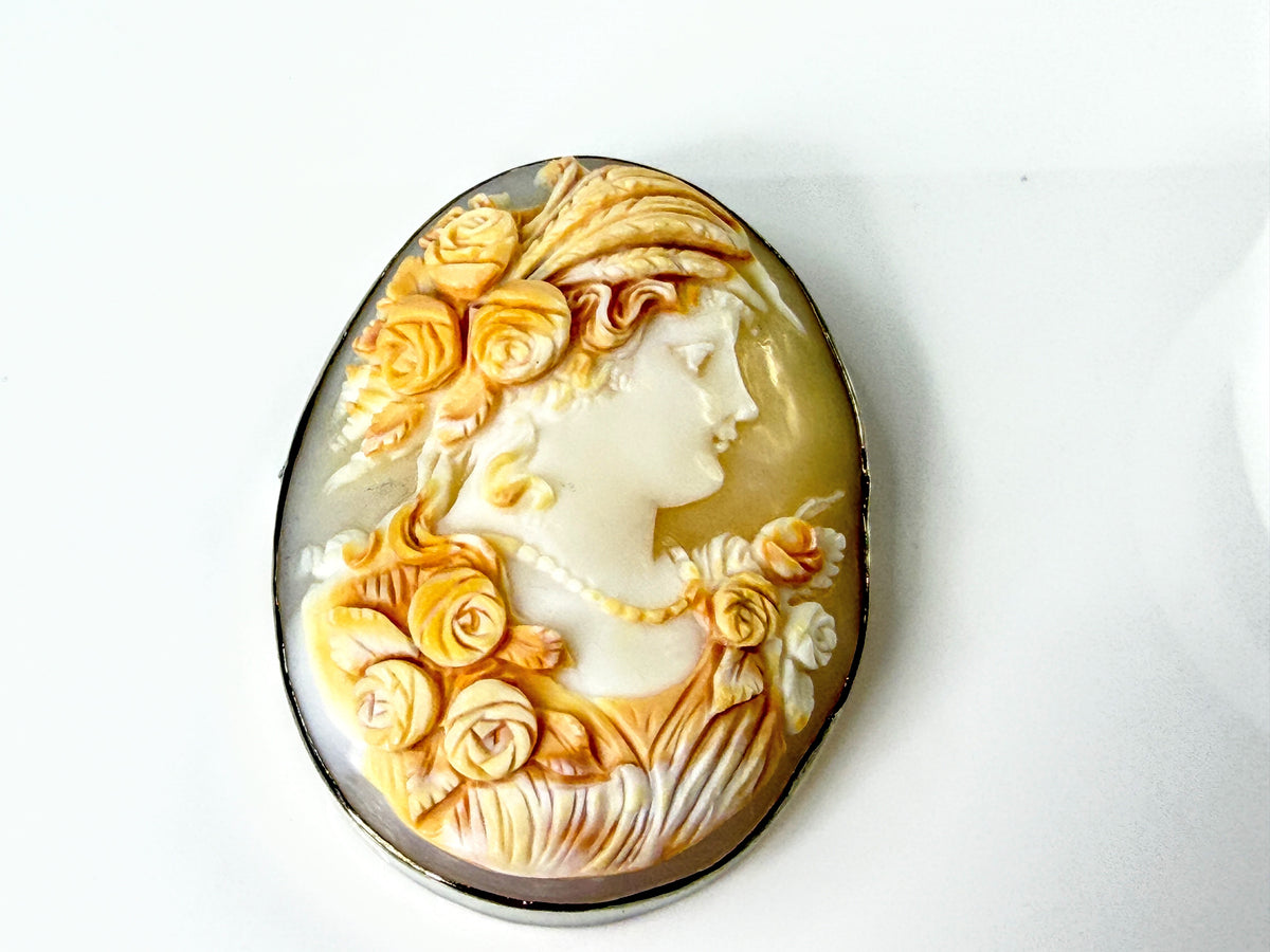 Antique 14K White Gold Large Hand Carved Shell Cameo Brooch Pendant 25.5g JR2186