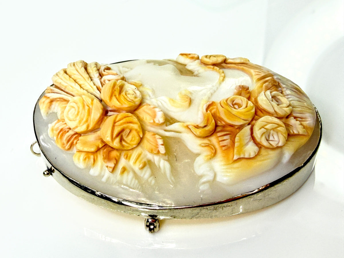 Antique 14K White Gold Large Hand Carved Shell Cameo Brooch Pendant 25.5g JR2186