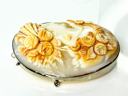 Antique 14K White Gold Large Hand Carved Shell Cameo Brooch Pendant 25.5g JR2186