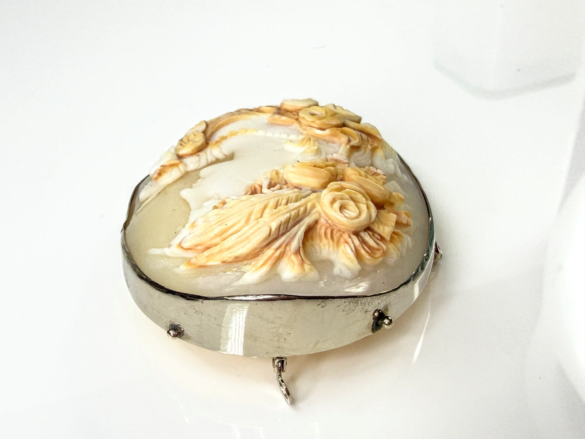 Antique 14K White Gold Large Hand Carved Shell Cameo Brooch Pendant 25.5g JR2186